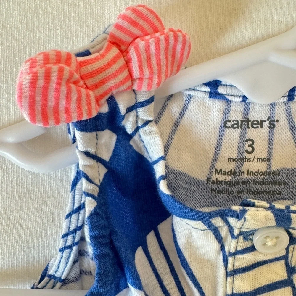 Blue and White Print Sleeveless Top with Coral Bows